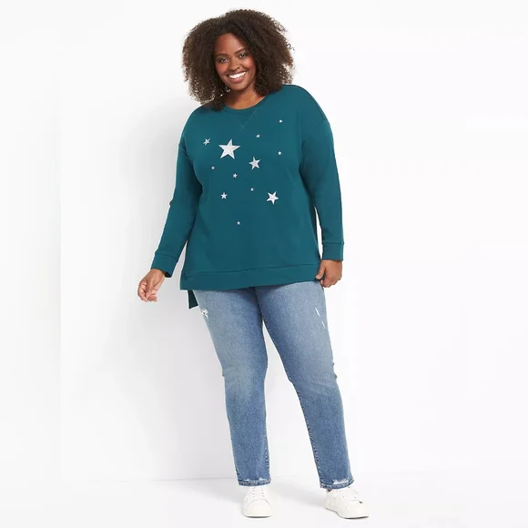 Lane Bryant Scattered Stars High-Low Graphic Sweatshirt Green/Silver PLUS 18/20 - Picture 15 of 15